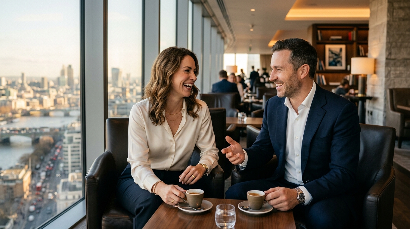 Career-focused professional couple engaged in authentic conversation in an executive lounge