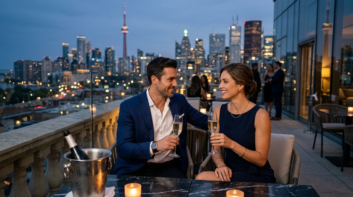 Refined couple enjoying a sunset toast together highlighting authentic dating profile chemistry