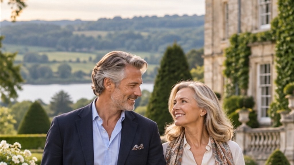 Refined couple strolling peacefully through a private estate garden terrace