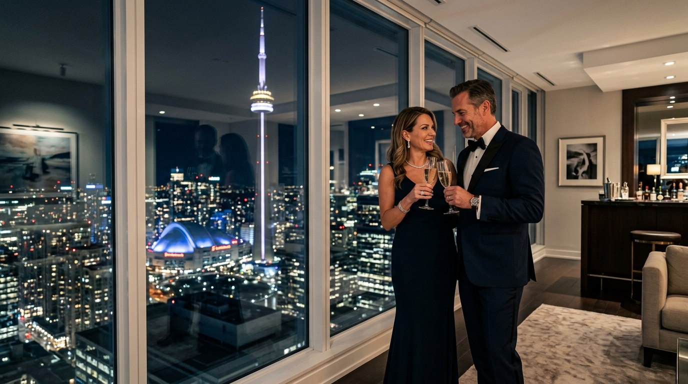 Affluent Toronto couple enjoying a cocktail in a Financial District penthouse suite