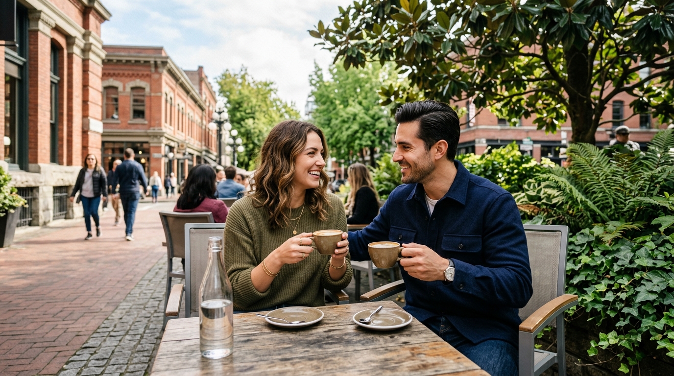 Accomplished Vancouver couple enjoying artisan espresso on a scenic Yaletown brick patio