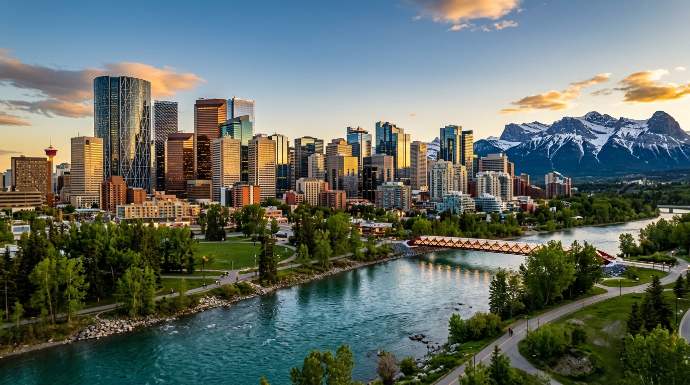 Calgary cityscape and Rocky Mountains foothills