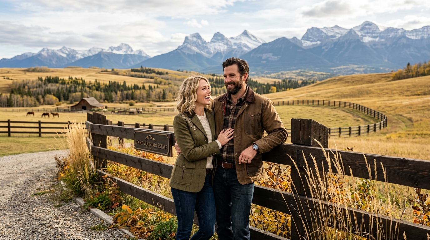Accomplished couple celebrating on a high-rise terrace in Alberta