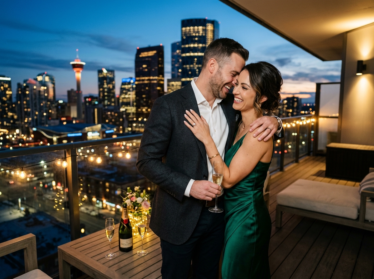 Calgary couple embracing happily on a high-rise terrace overlooking the Calgary skyline