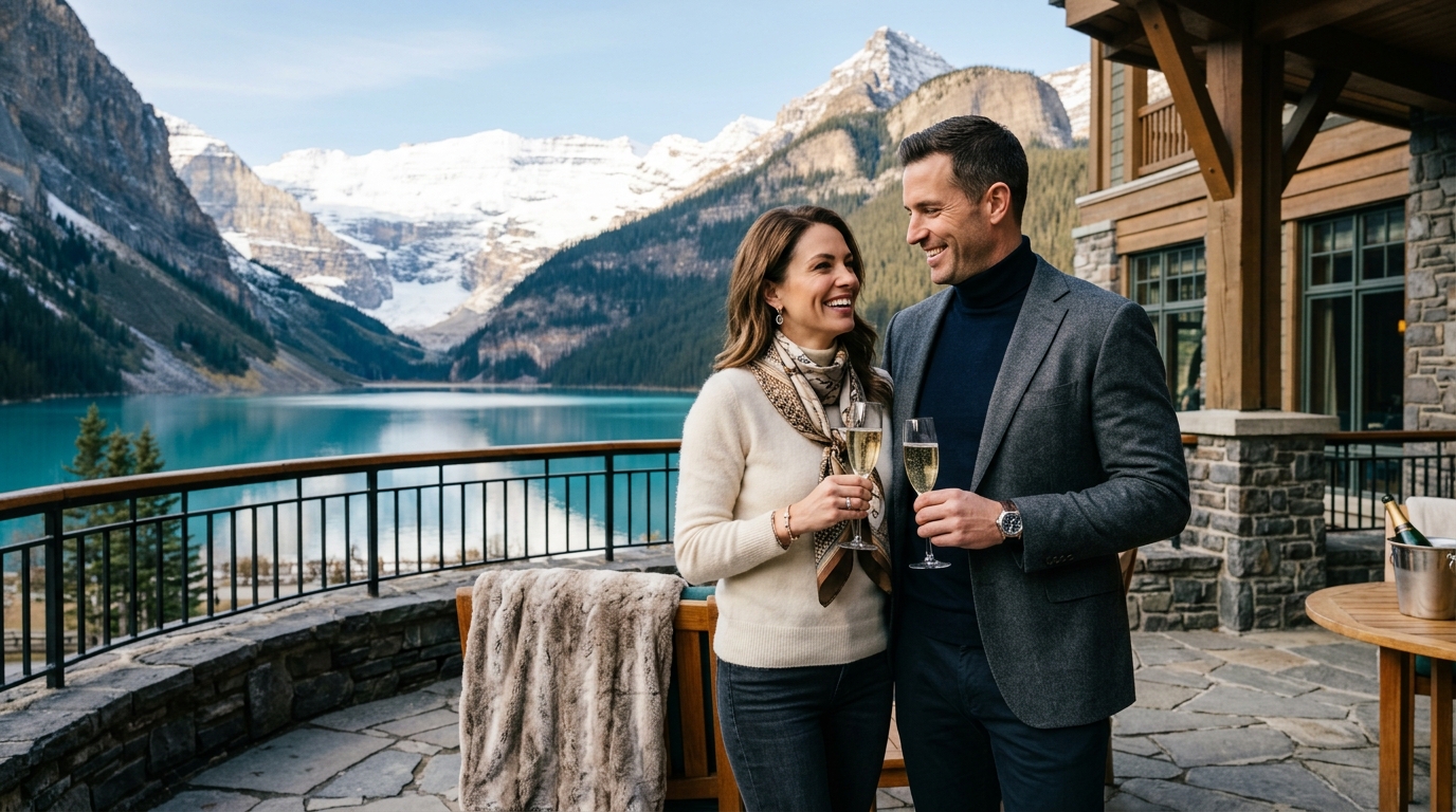 Successful couple celebrating on a luxury mountain chalet terrace in the Canadian Rockies