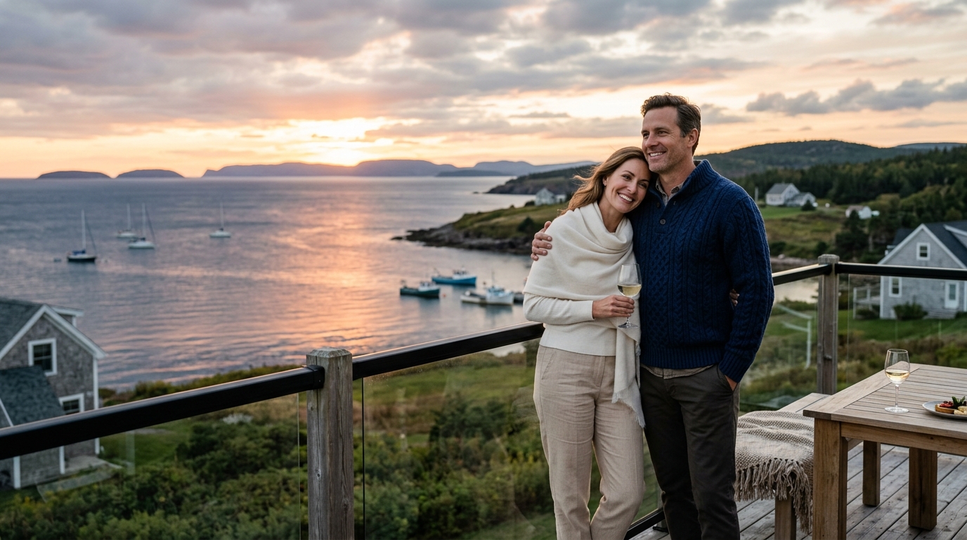 Halifax maritime executive couple relaxing together with wine on an oceanfront deck