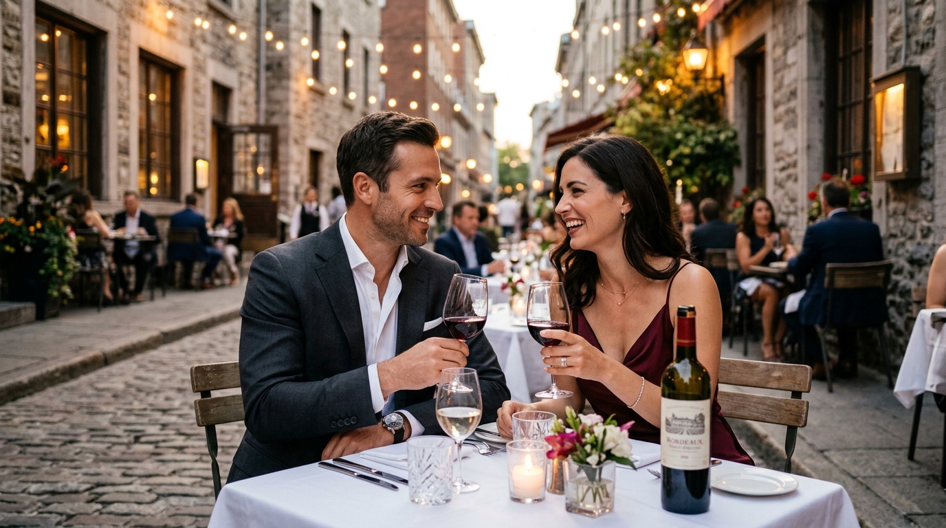 Montreal affluent couple enjoying wine and conversation on an Old Montreal terrace