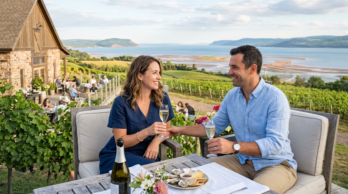 Affluent maritime couple on a cedar deck overlooking the ocean in Nova Scotia