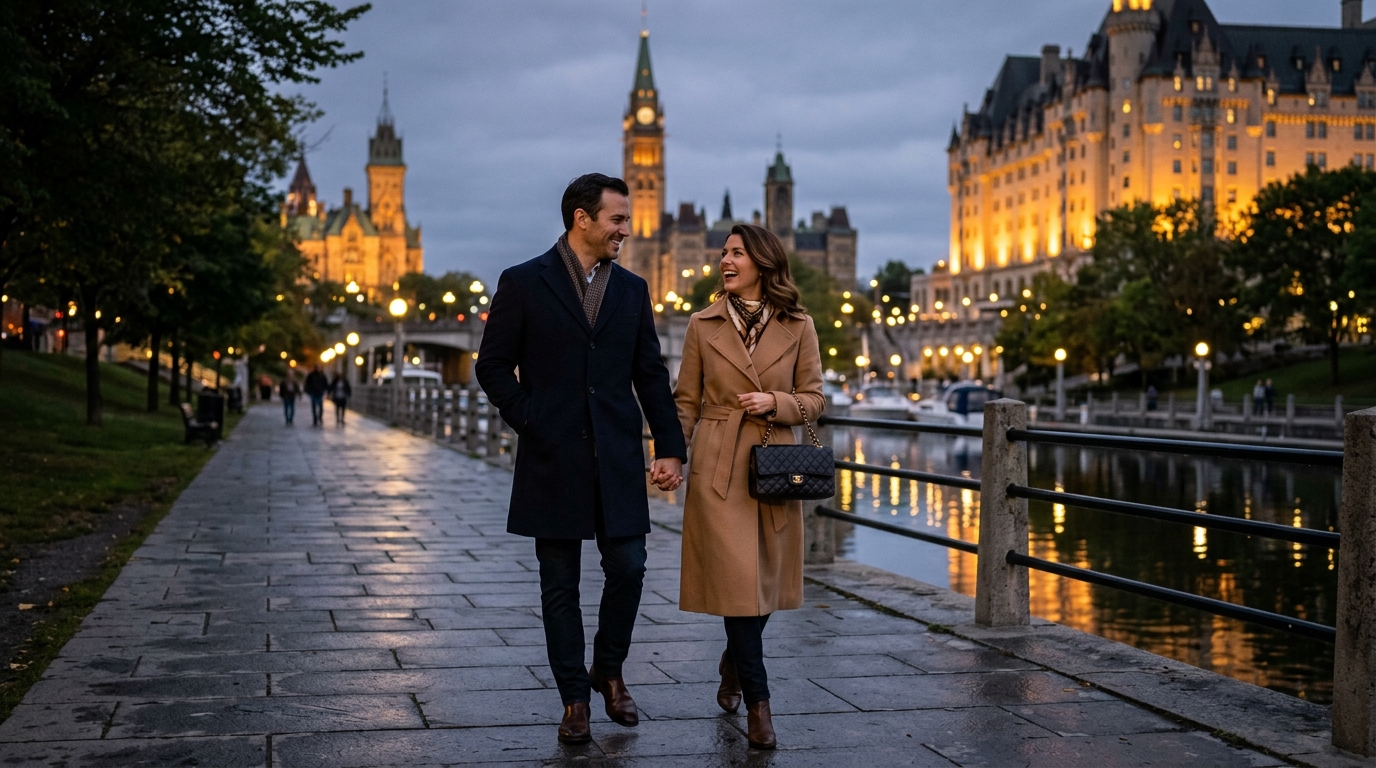 Diplomatic couple strolling along the Rideau Canal in Ottawa with illuminated Parliament Hill