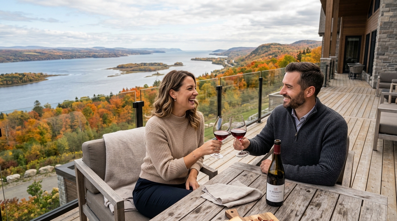 Chic French-Canadian couple dining on a candlelit terrace in Quebec