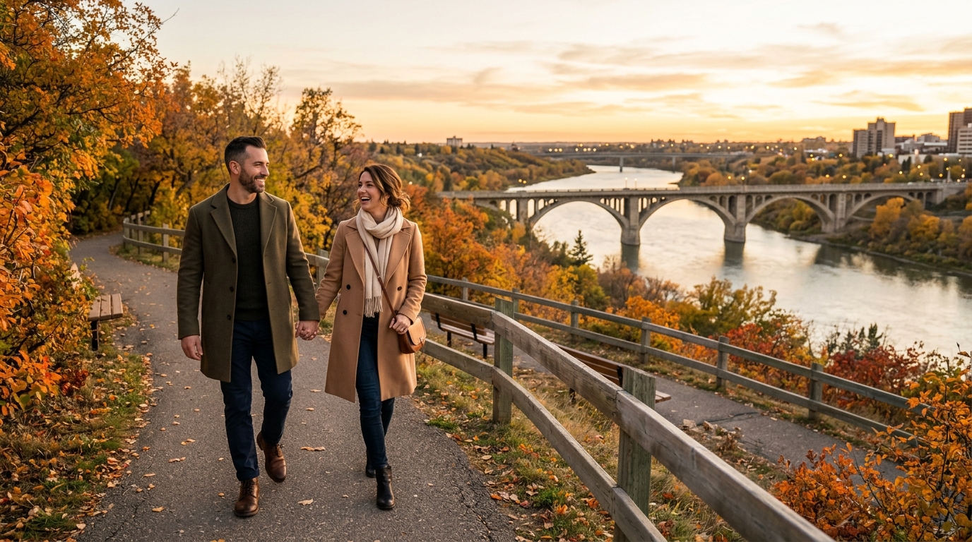 Ambitious prairie couple enjoying a scenic sunset date in Saskatchewan