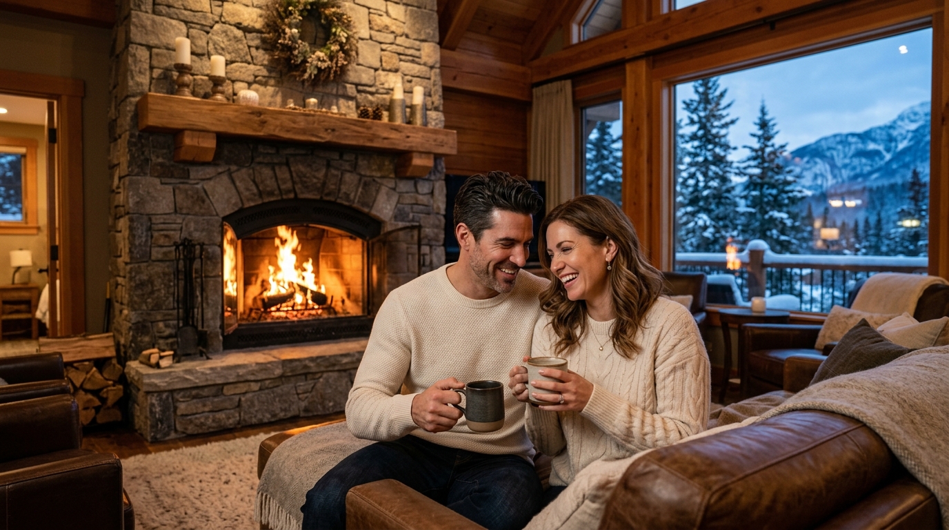 Affluent couple in luxury knitwear relaxing by a stone fireplace in Northern Canada