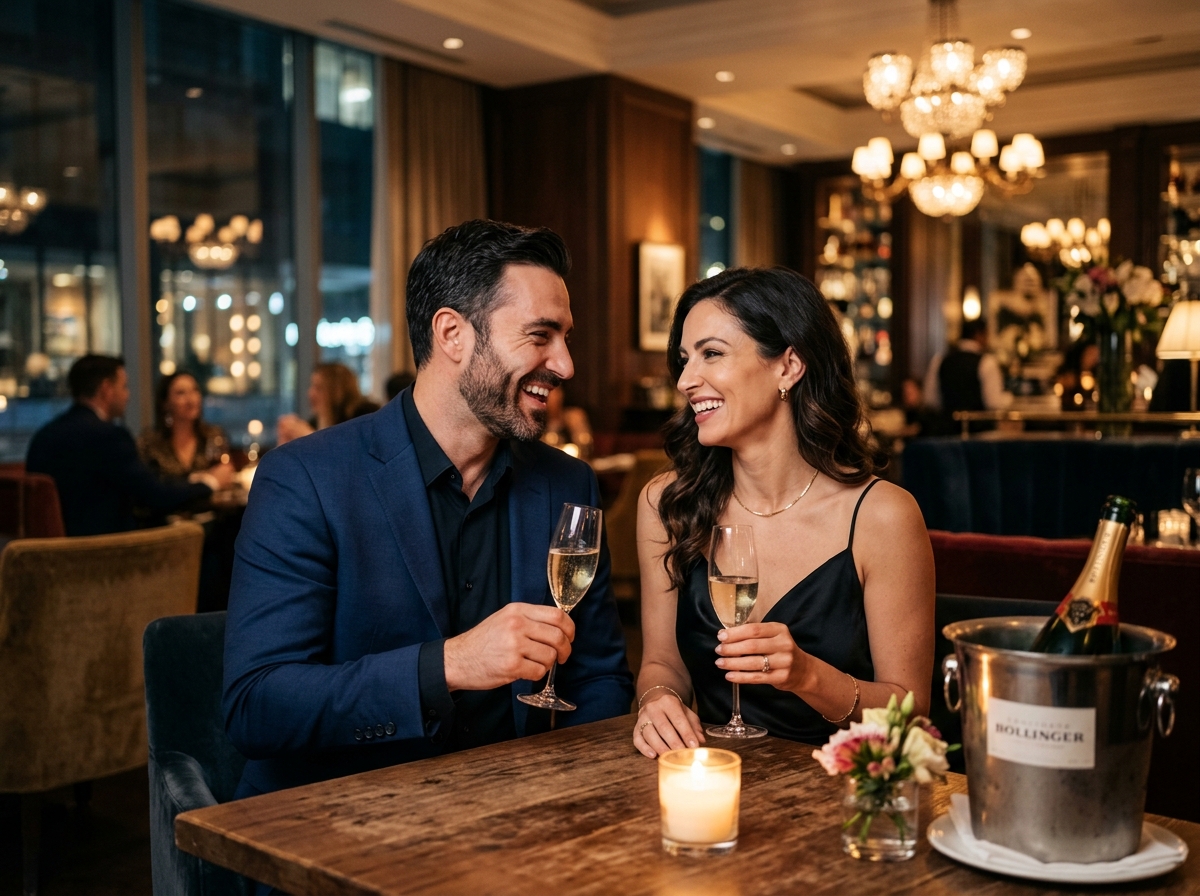 Toronto executive couple smiling warmly over wine at an upscale Yorkville lounge