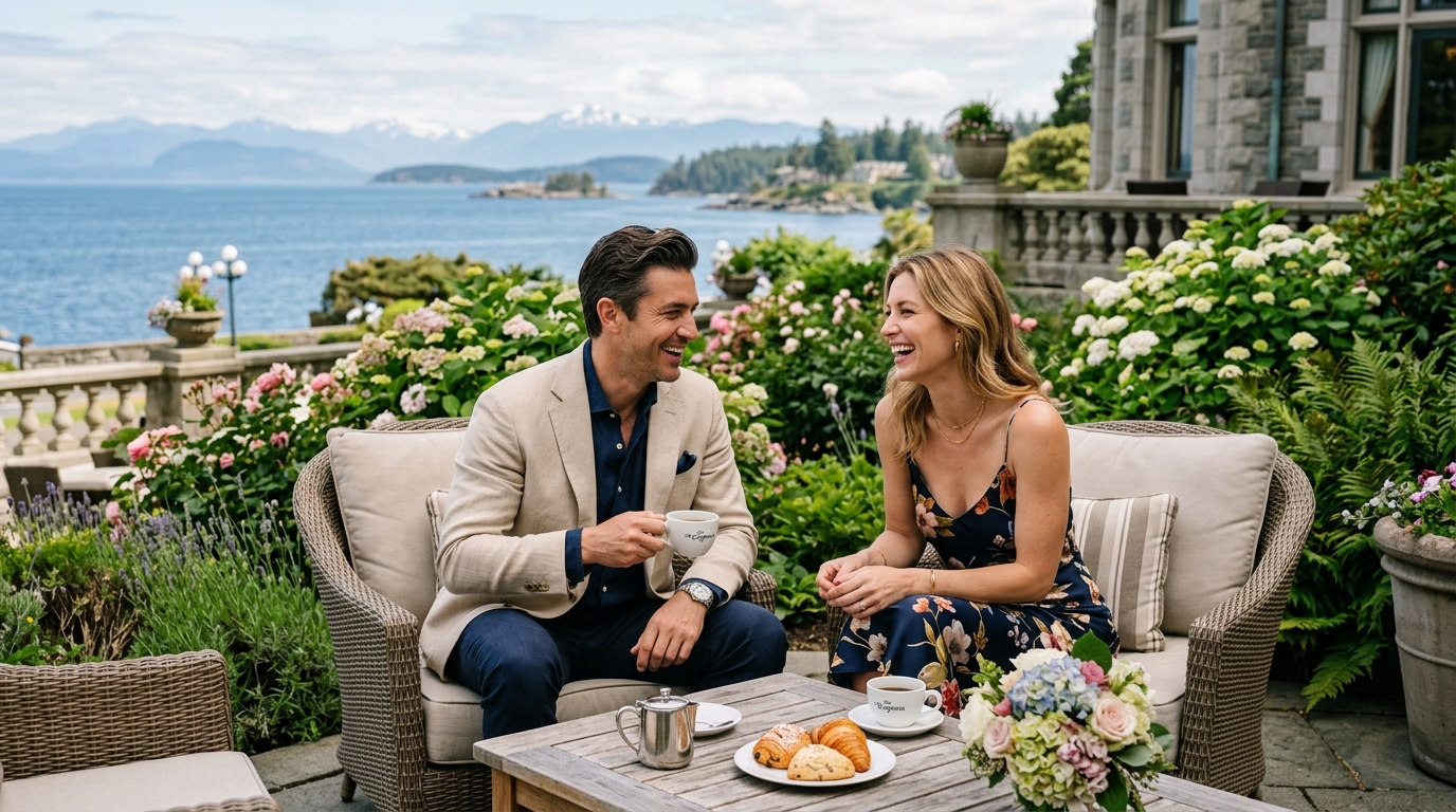 Refined couple enjoying coffee on an oceanfront resort terrace in Victoria BC
