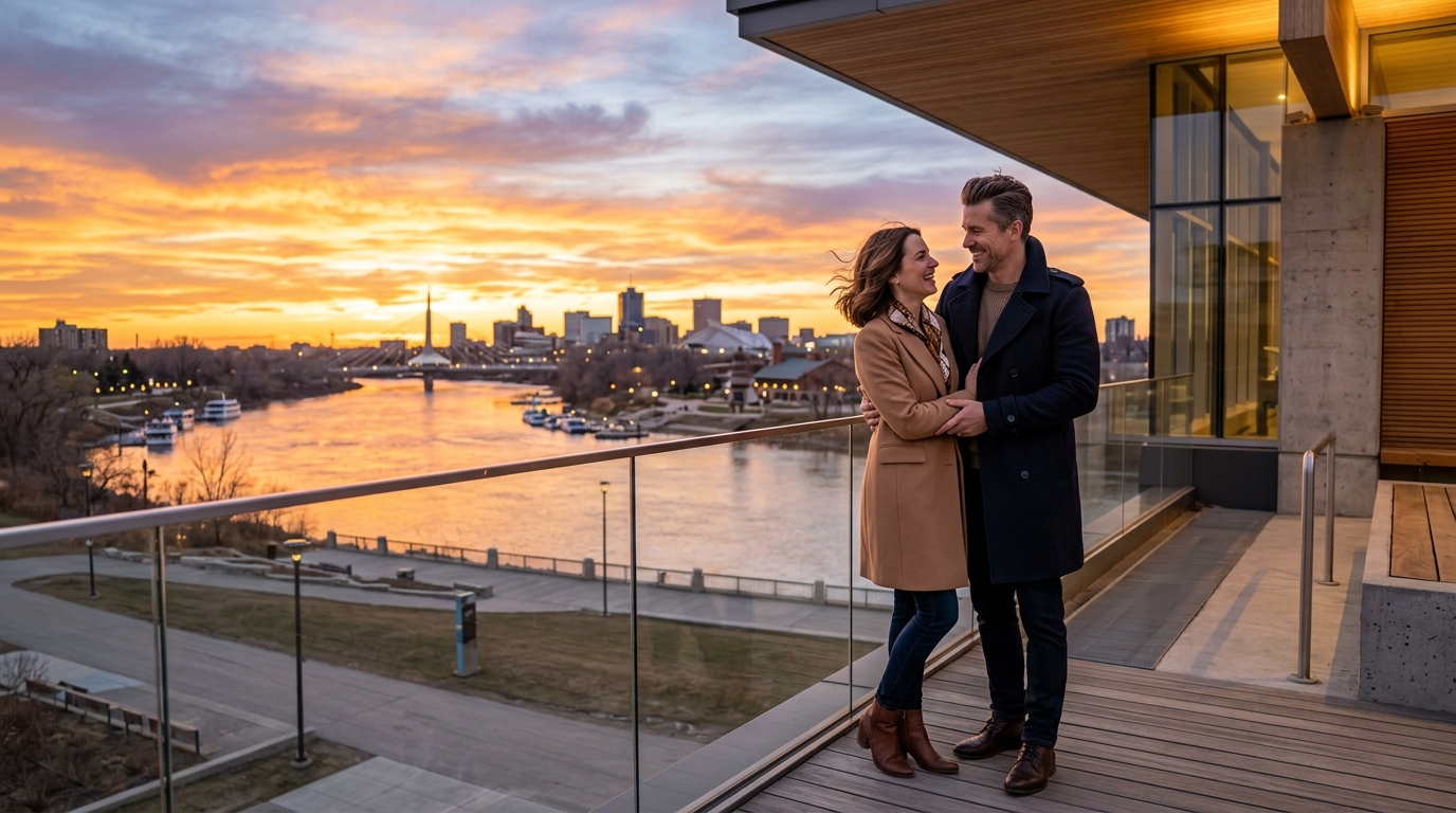 Winnipeg couple sharing a warm embrace at a modern architectural pavilion overlooking river