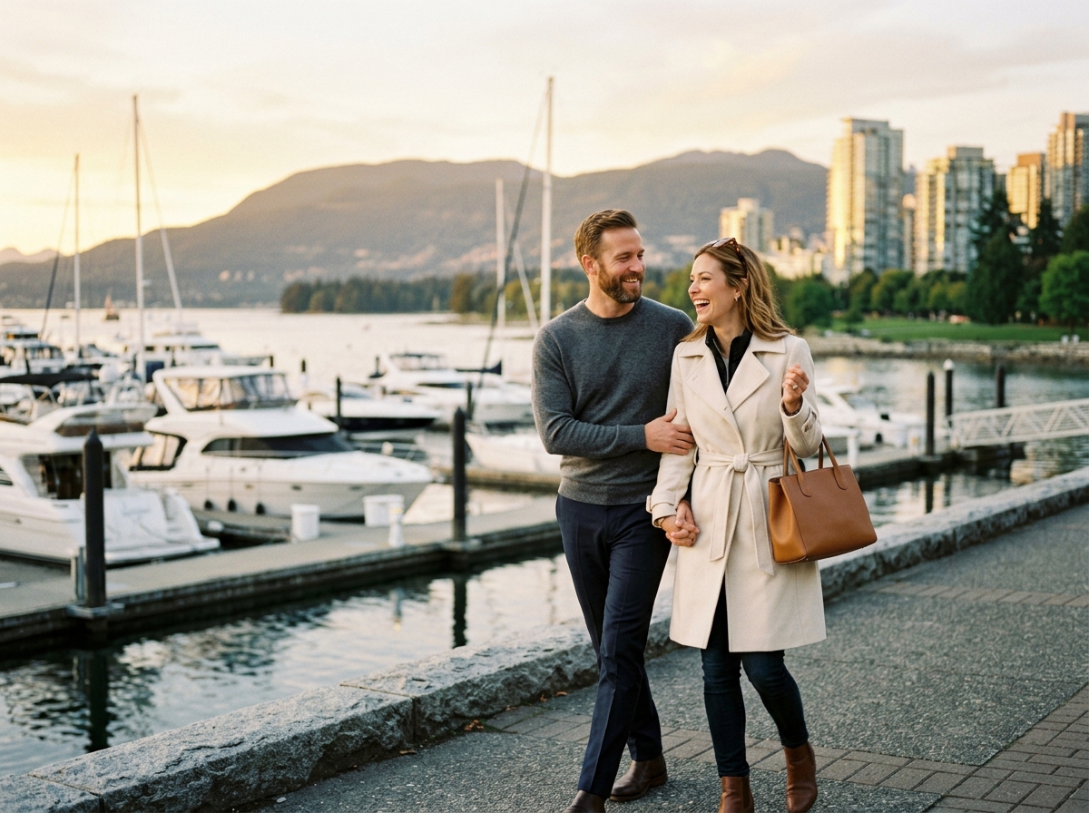 Vancouver couple smiling happily on a scenic Coal Harbour waterfront walk